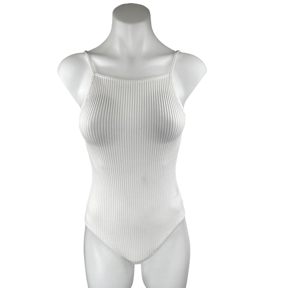 Aritzia Wilfred White Ribbed Knit Sculpt Sleeveless Open Back Bodysuit Top XS